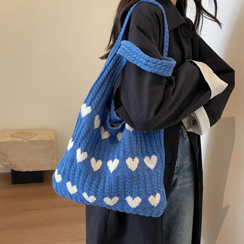 BXOXO Large Capacity Fashion Women Shoulder Bag Woven Heart Casual Simple Handbag Harajuku Style Fresh High Quality Shopping Bag