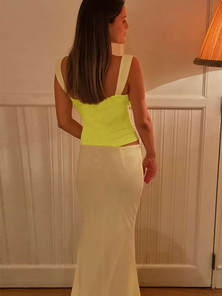 BXOXO Summer Patchwork Tank Tops Woman Backless Lace-Up Halter Satin Folds Y2K Party Streetwear Simple Skinny Elegant Vest