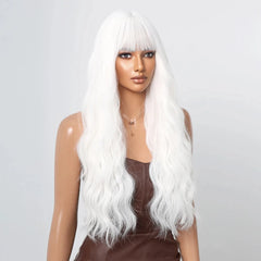 BXOXO Blonde Synthetic Cosplay Wig Long Curly White Wigs with Bangs for Black Women Water Wave Heat Resistant Fibre Natural Hair Wig