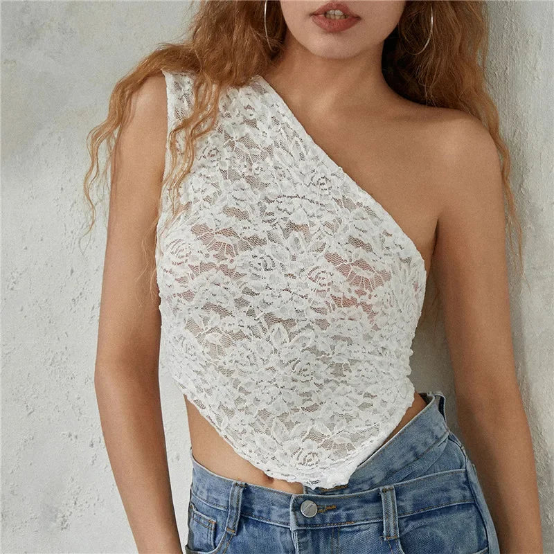 BXOXO Women Y2K Fairy Lace Cami Top Sexy One Shoulder Sleeveless Sheer Mesh Lace Cropped Tank Top Coquette Aesthetic Clothes