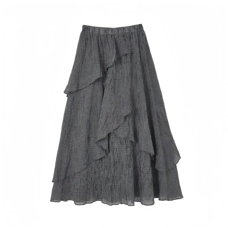 BXOXO Vintage Plaid Skirts Women Irregular High Waist 2025 Fashion Ruffles French Style Chic Elegant Ladies Long Skirt Casual