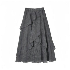 BXOXO Vintage Plaid Skirts Women Irregular High Waist 2025 Fashion Ruffles French Style Chic Elegant Ladies Long Skirt Casual