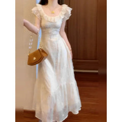 BXOXO French Style Solid Color Summer Dress Women's Knee-Length Sleeveless Holiday Beach Vacation Skirt Short Flounce Sleeve