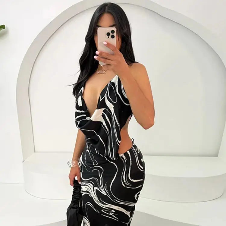 BXOXO Colorful Print Sexy Swing Collar Women Dress Skinny Coquette Y2K Side Split Backless Midnight Clubwear Skinny Bodycon