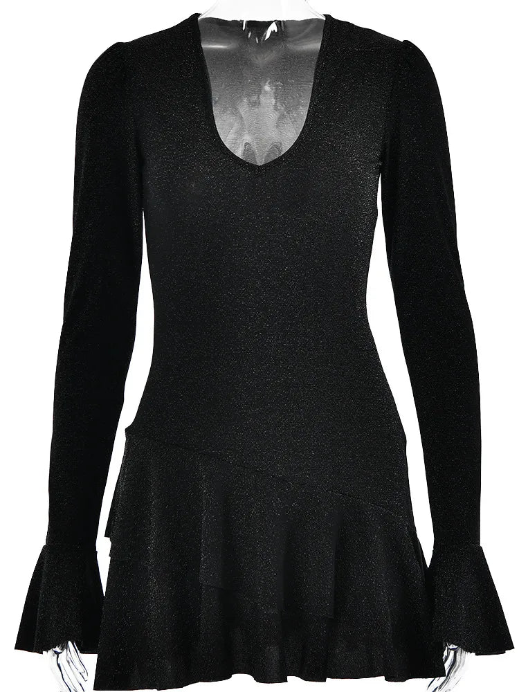 BXOXO Sexy DeepV Brilliant Silk Long Sleeve Dress Women Ruffled Bodycon Mini Dress Female Tight Elegant Party Evening Vestidos