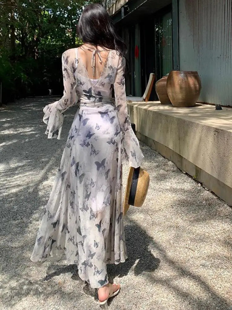 BXOXO Spring Autumn Vintage Gray Long Sleeve Butterfly Bandage Dress For Women French Bohemian Elegant V Neck Backless Dress Robe