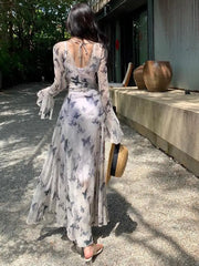 BXOXO Spring Autumn Vintage Gray Long Sleeve Butterfly Bandage Dress For Women French Bohemian Elegant V Neck Backless Dress Robe
