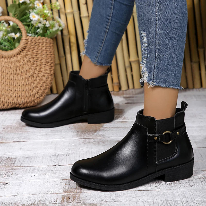 BXOXO Pu Leather Classics Black Thick Heel Ankle Boots Metal Zipper Low Platform Woman Shoes Winter Round Toe Slip On Short Boots