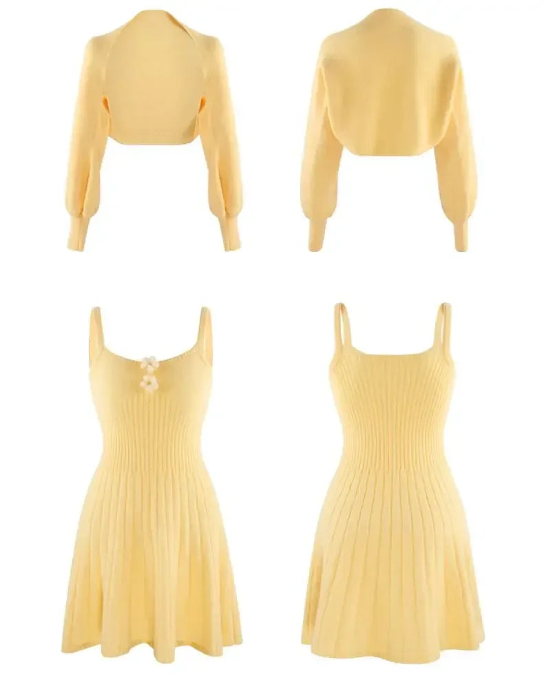 Bxoxo  Korean Autumn Winter Sweet Knitted Two Piece Dress Set Women Strap +Casual Coat Dress Set Style Solid Dress Suit