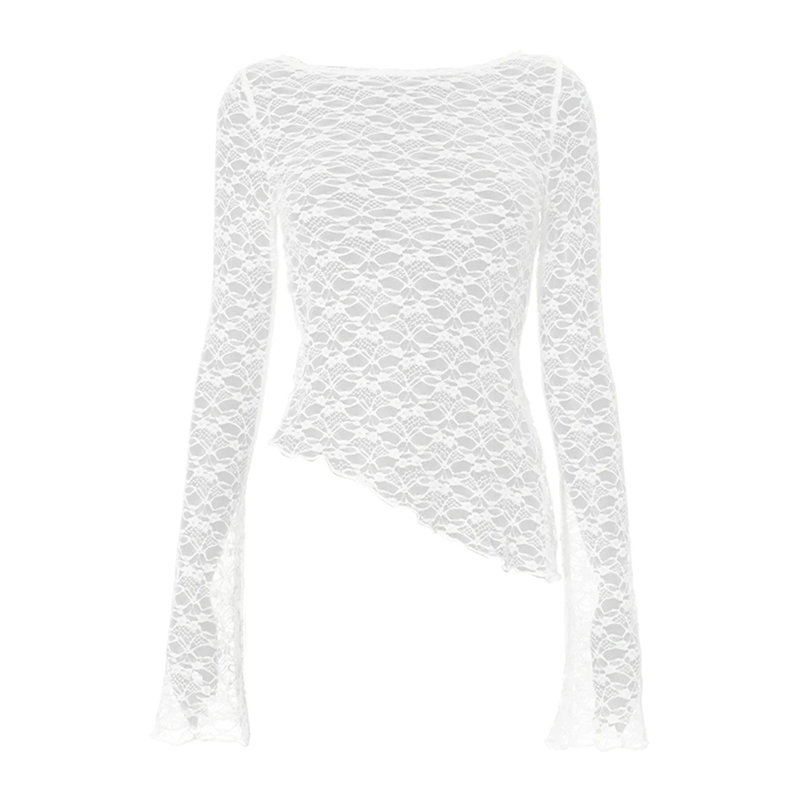 BXOXO Sexy Lace Long Sleeve T Shirts Fashion Women Knitted Perspective Autumn Tees Tops Clothes Streetwear Y2K Slim T-Shirt