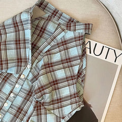 Bxoxo Retro Plaid Off Shoulder Women Shirt Summer Harajuku Single Breasted V Neck Top Korean Chic Sleeveless Crop Camis Blouse Mujer