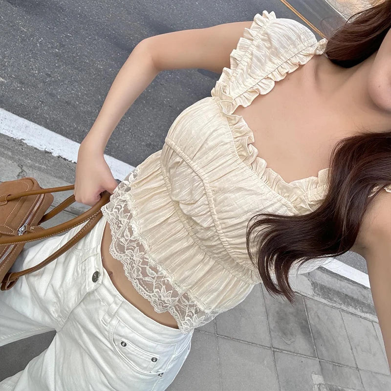 Bxoxo Sexy Square Collar Lace Edge Ruched Causal Solid Crop Tops Y2K Summer Fashion New Sweet Cute Daily 2025 Streetwear Vest