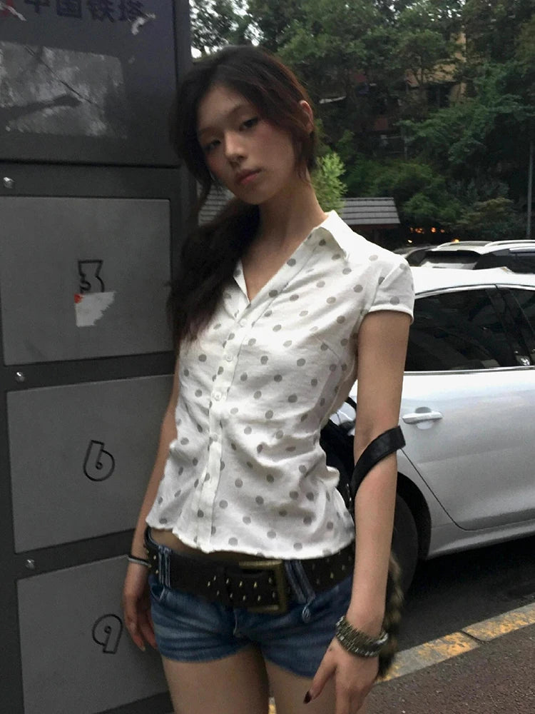 Bxoxo Korean Style Shirt And Blouse Polka Dots Short Sleeve Casual Shirt Y2k Japanese 2000s Retro Shirt Vintage Tops Outfit