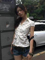 Bxoxo Korean Style Shirt And Blouse Polka Dots Short Sleeve Casual Shirt Y2k Japanese 2000s Retro Shirt Vintage Tops Outfit