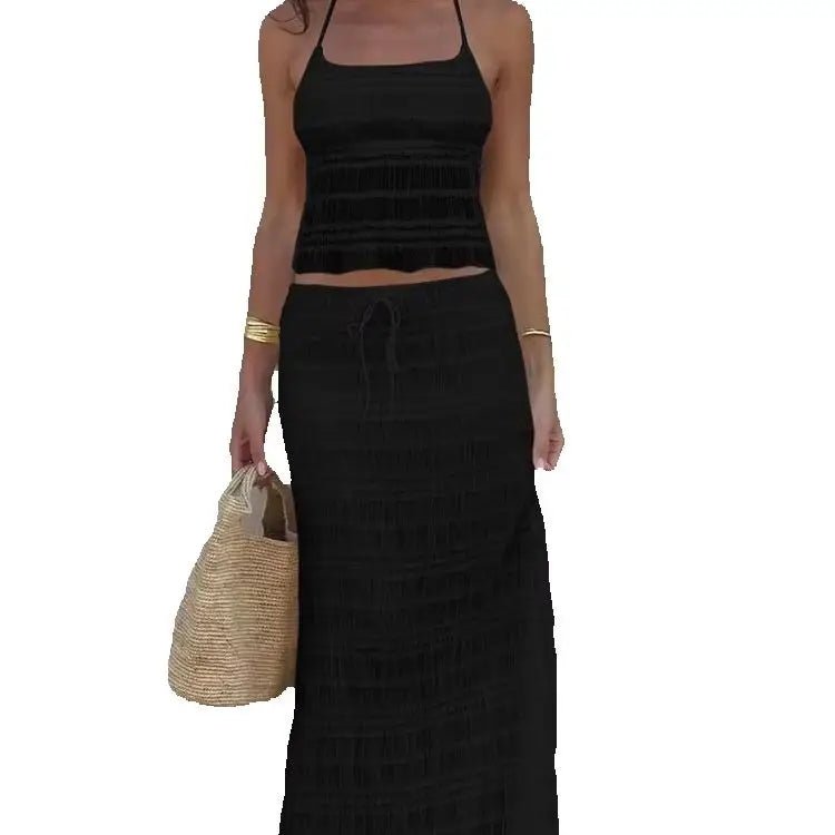 BXOXO Vacation Mesh See Through 2 Piece Set Women Halter Lace-Up Backless Crop Tops+Loose Elegant Long Skirts Trend Outfits