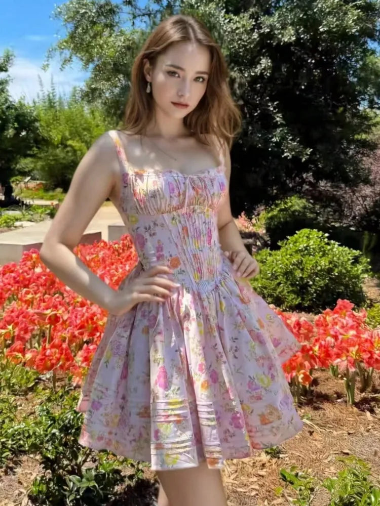 Bxoxo Women's Elegant Dresses French Print Summer New 2025 Casual Slim Waist A-Line Square-Collar Pleated Spaghetti Strap Vestidos
