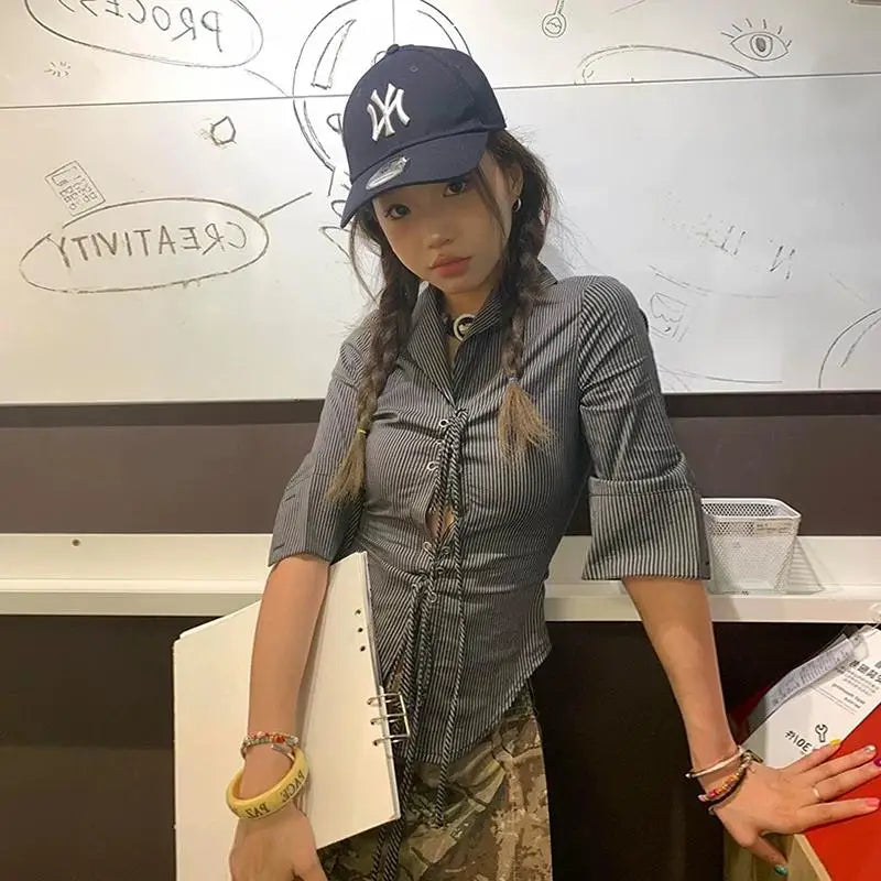 BXOXO Korean Shirt Women Lace Up Striped Slim Shirt Y2k Vintage Tops Half Sleeve Streetwear Japanese 2000s Hollow Out Shirts
