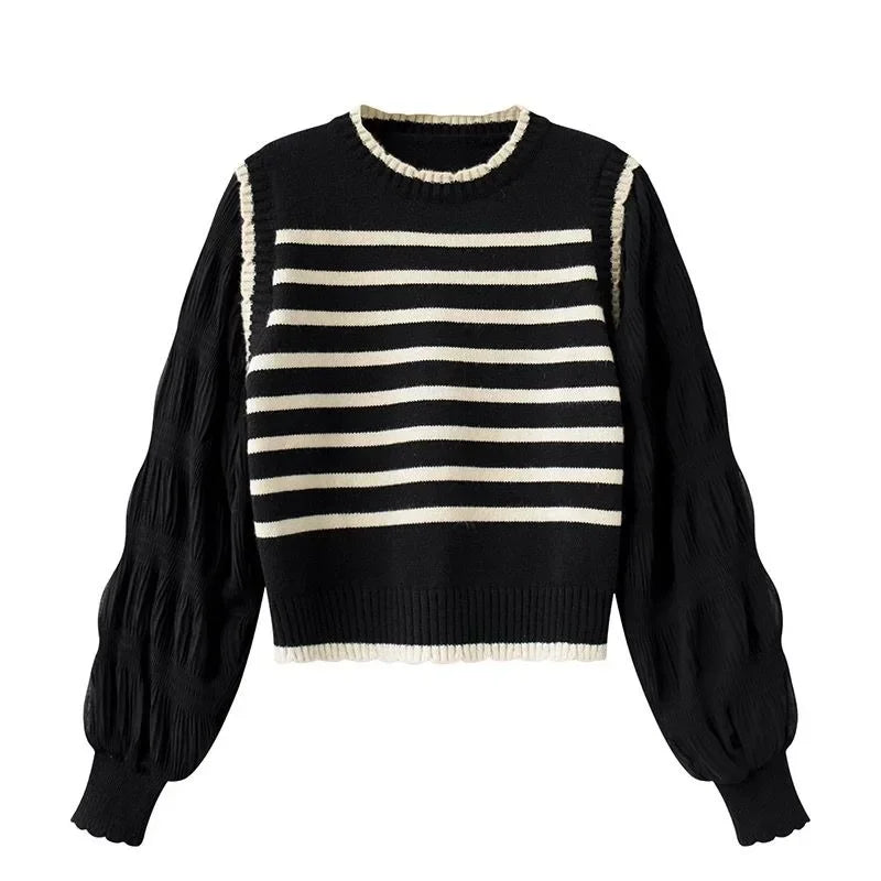Bxoxo women Black and white striped fake two-piece knitted sweaters pring and autumn Korean soft glutinous pullover sweater female