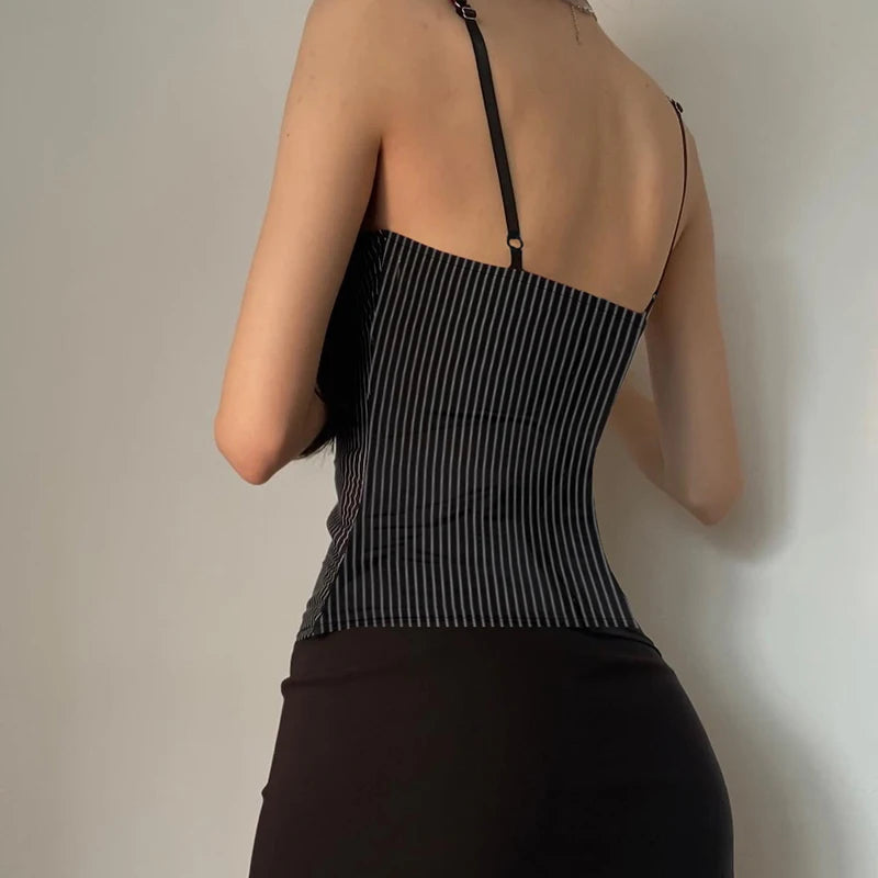 BXOXO Vintage Contrast Button Stitching Camis Women Causal Slim-fitting Sleeveless Slit Crop Top Summer Retro Striped Print Tee