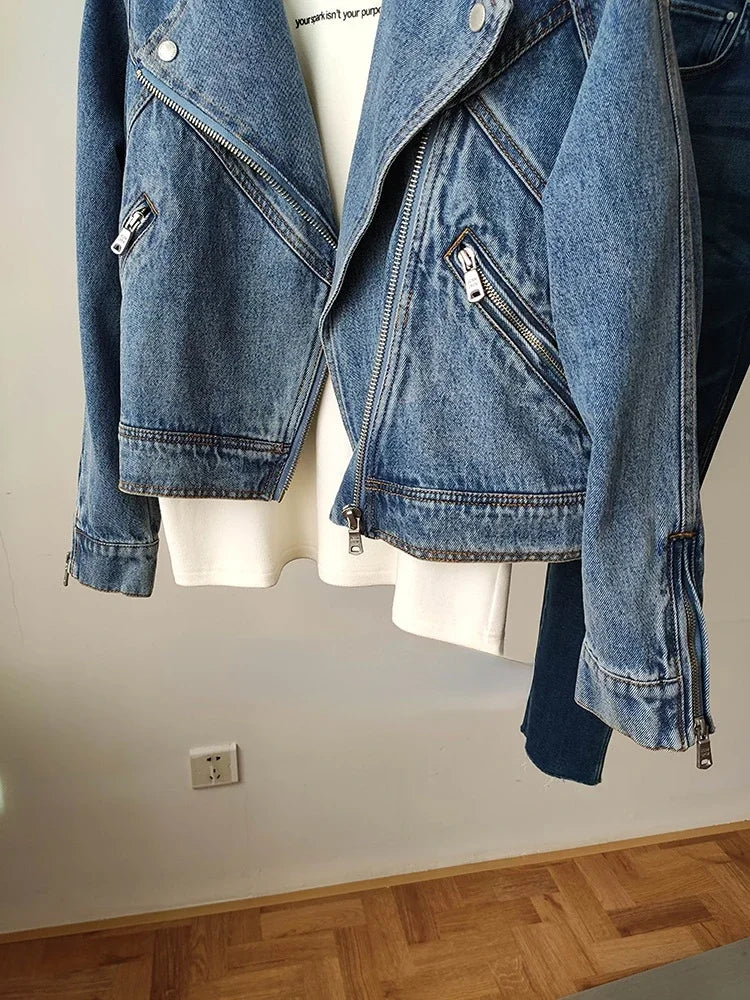 BXOXO Spring Autumn Women Denim Jacket Casual Lady Moto Biker Coat Vintage Lapel Zipper Jacket