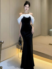 BXOXO Women Sexy Off Shoulder Party Dress New Slim Waist French Patchwork Elegant Lady Maxi Fashion Solid A-line Vestidos Mujers