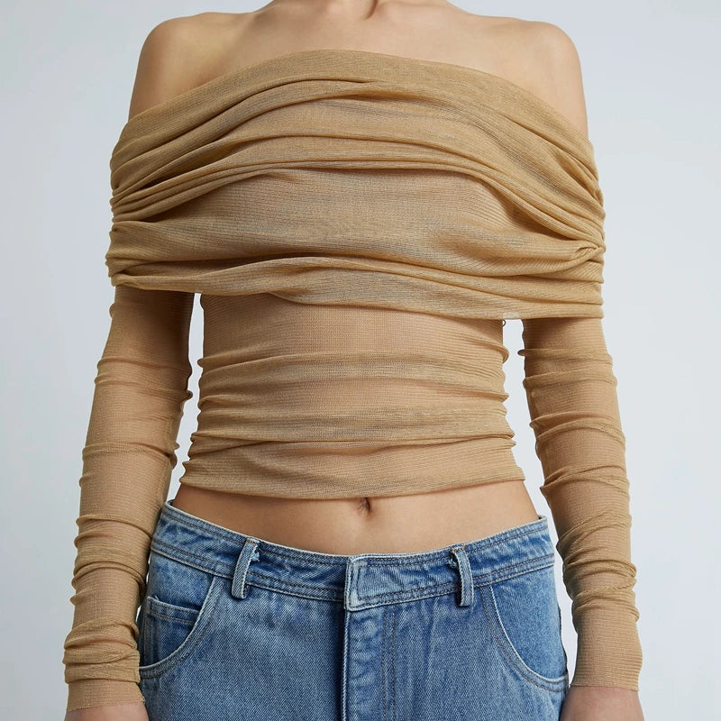 Bxoxo Multi-wear Mesh Sheer Crop Tops Korean Elegant Off the Shoulder T-shirt Chic Women Long Sleeves Slim Fit Cover-Ups Tees