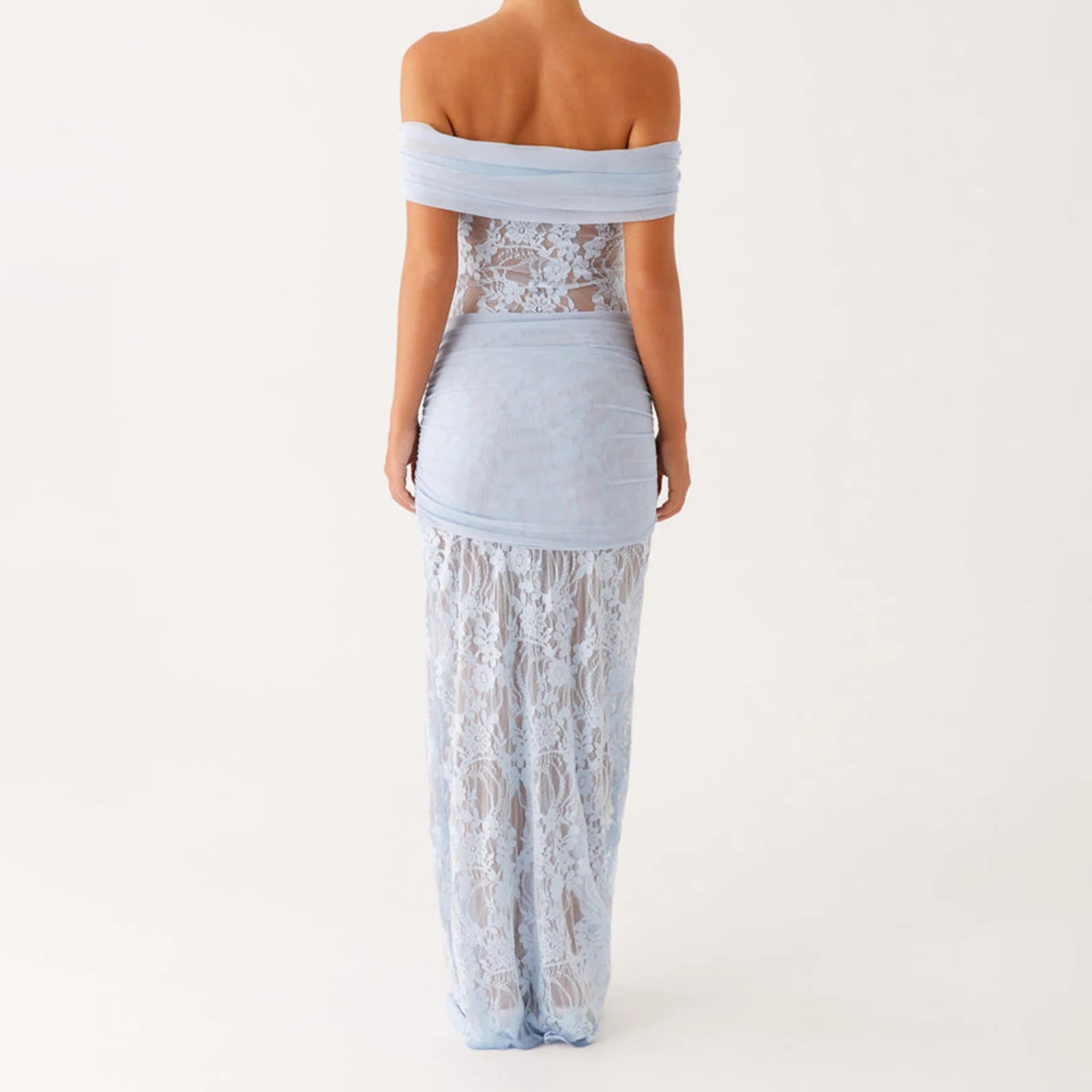 BXOXO Women Twist Maxi Dress Sexy Off Shoulder Lace Patchwork Knot Waistband Mesh Bodycon Long Dress Prom Cocktail Party