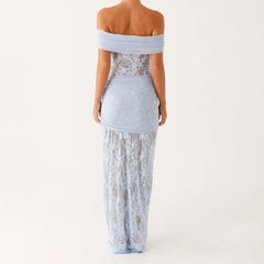 BXOXO Women Twist Maxi Dress Sexy Off Shoulder Lace Patchwork Knot Waistband Mesh Bodycon Long Dress Prom Cocktail Party
