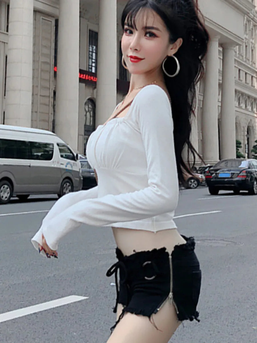 Bxoxo New Summer Europe and America Fashion Sexy Hottie Low Waist Ripped Ladies Denim Shorts Zip Up Lace-Up Hot Pants Jeans