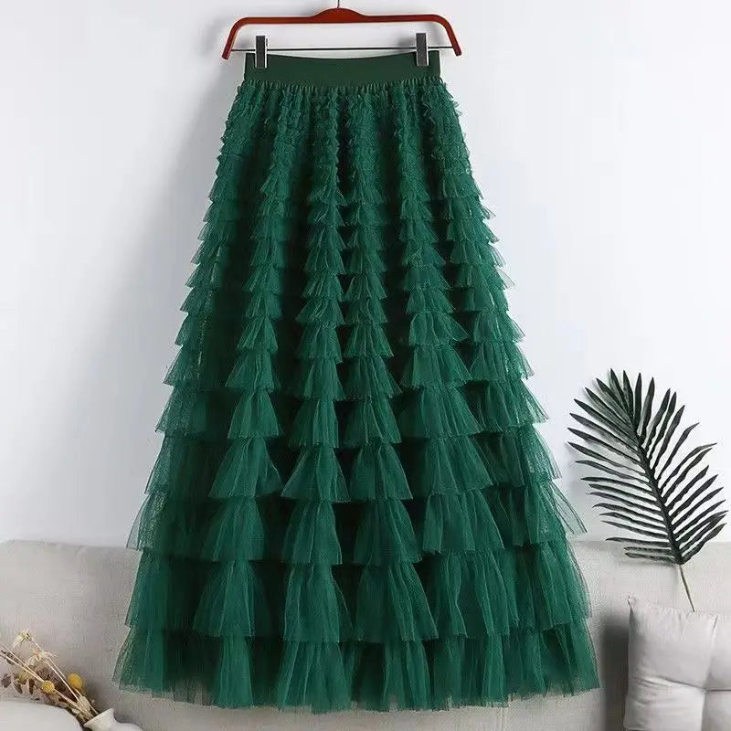 Bxoxo Casual Womens Solid Ball Gown Long Skirt Tulle High Waist Pleated Tutu Skirt Elegant Ladies Wild Mesh Dating Maxi Skirts Drop