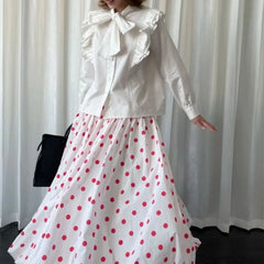 Bxoxo Vintage Sweet Long Skirt Women Elegant Red Polka Dot Maxi Skirts Japanese Style Harajuku High Waist Loose Ruffle Skirts