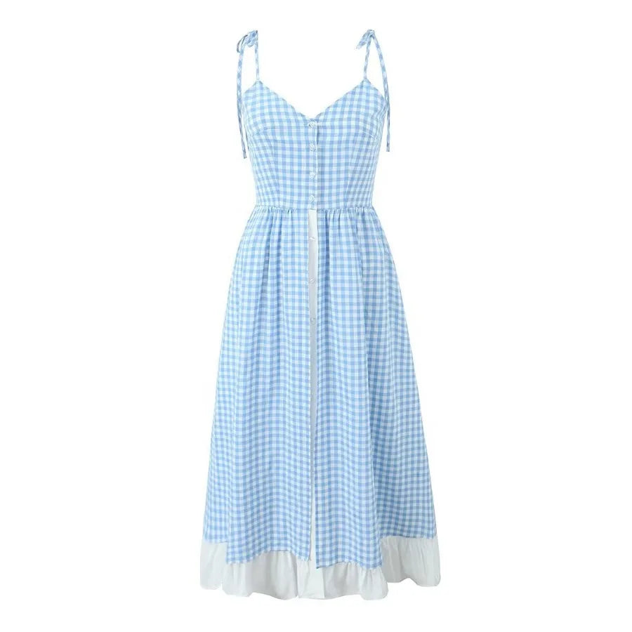 BXOXO Chic Sexy Single Breasted Plaid Blue Summer Women Dress Spaghetti Strap Midi Casual Female Vestidos Cotton Slip Dress New