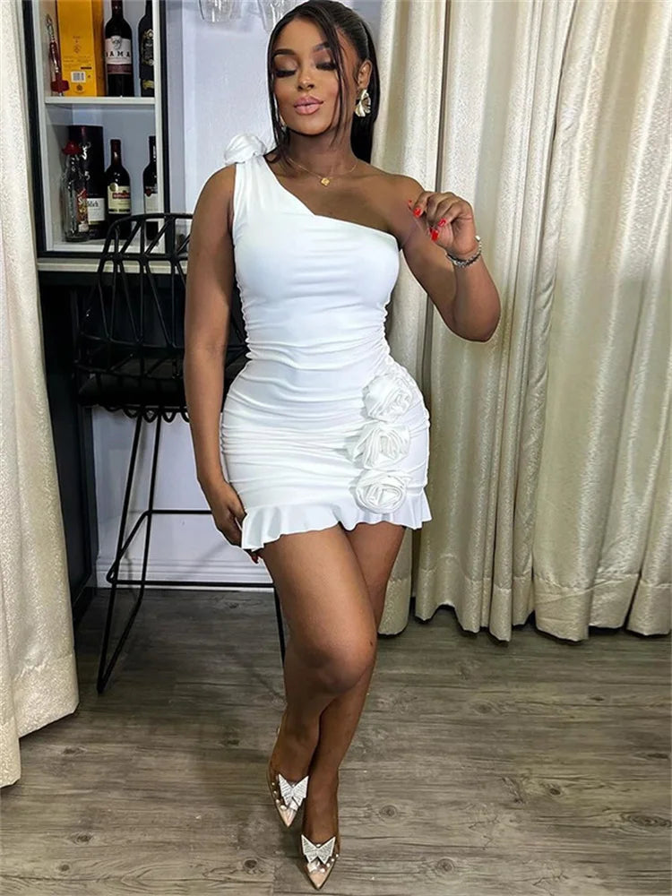 BXOXO  Sexy Incline Shoulder Women Mini Dress Solid Unique Appliques Ruffle Pleated Skinny Vestidos Mujer Classic Party New Frock