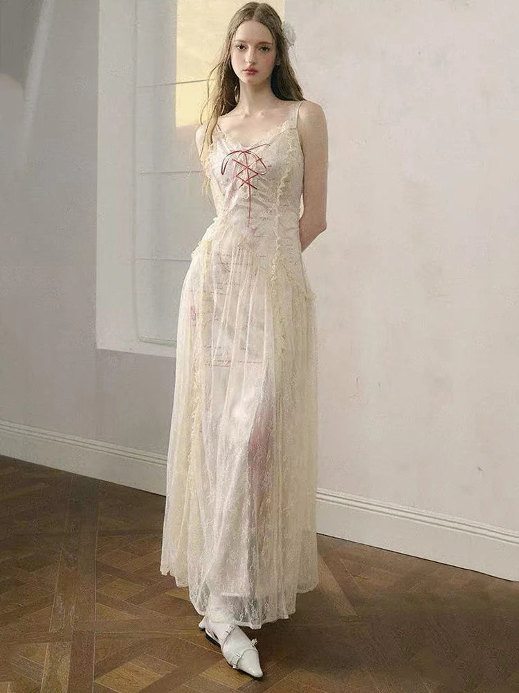 Bxoxo Elegant Lace Patchwork Camis Dress Women Summer Sexy Backless Hollow Out Midi Dress Y2K Fashion Lace Up Streetwear Vestidos