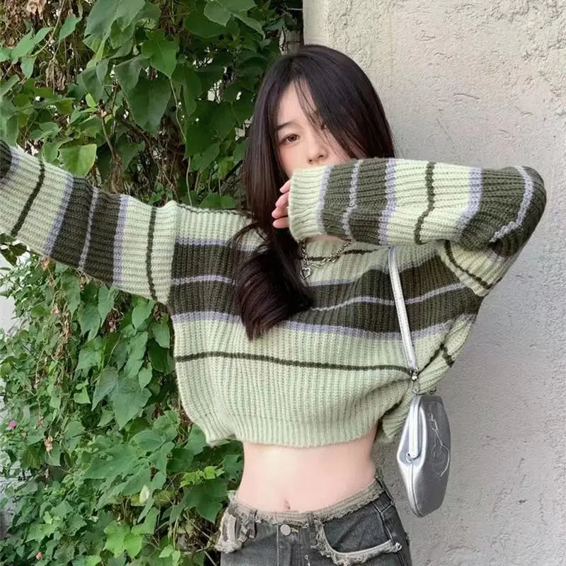 Bxoxo Women's Trendy Contrast Color Striped Chic Sexy Crop Tops Y2K Streetwear Female O Neck Long Sleeve Slim Pullover Knitted Sweater