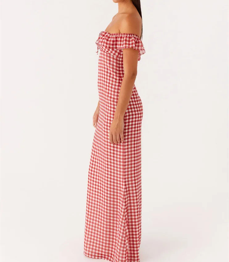 BXOXO Women Off Shoulder Long Dress Slim Dot/Plaid Tie-up Cut Out Ruffle Sleeve Backless Bodycon Dress for Party Club