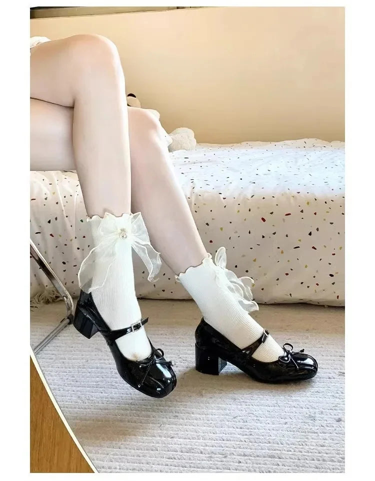 Bxoxo Luxurious Knot Mary Jane Shoes for Women with Thick Heel And Single Strap Spring Fashionable Leather High Heels round Toe