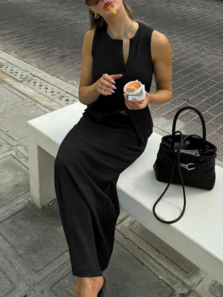 Bxoxo Matching Suit Sleeveless Ribbed Single-Breasted Top Shirt Maxi Skirt 2024 Spring Summer Women'S Clothing Sexy Streetwear