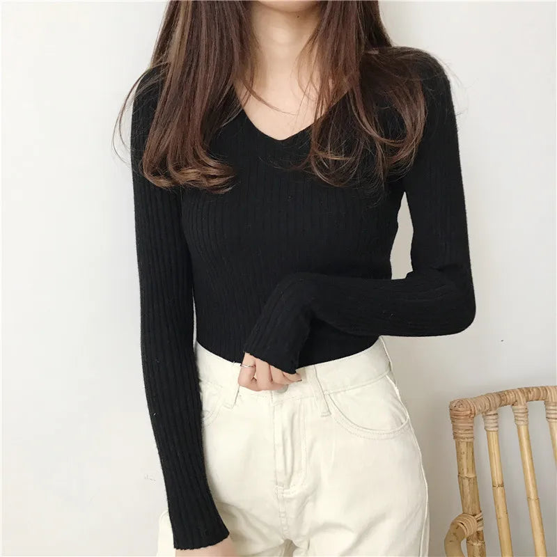 BXOXO Women V-Neck Slim Sexy Sweater Knit Long Sleeve Solid Bottoming Sweater Casual Pullovers For Women Autumn Winter