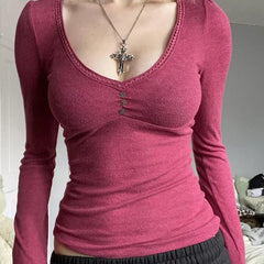 BXOXO Kawaii Fairy Grunge Button V Neck Slim Tees Cottage Vintage Long Sleeve Crop Tops y2k Aesthetic 00s Retro T-shirt Women Clothes