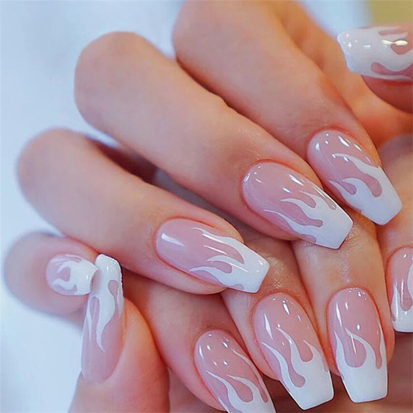 Bxoxo 24P French Oval False Nails Girls White Edge Design Nude Color Wearable Press on Nail Full Cover Short Acrylic Almond Fake Nails