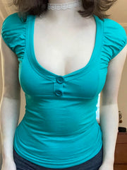 BXOXO Japan Style Solid Cute Button O-Neck T-Shirts Summer Sweet Chic Basic Blouses Fashion Trendy Clothes