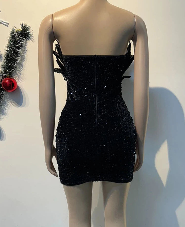 BXOXO  Luxury Birthday Women’s Feathers Sequin Strapless Deep V-neck Black Bodycon Mini Dresses Sexy Club Party Night Prom Robe