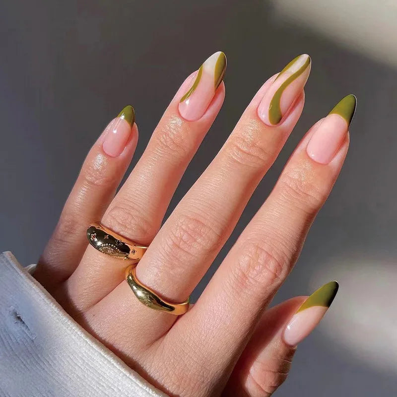 Bxoxo 24P French Oval False Nails Girls White Edge Design Nude Color Wearable Press on Nail Full Cover Short Acrylic Almond Fake Nails