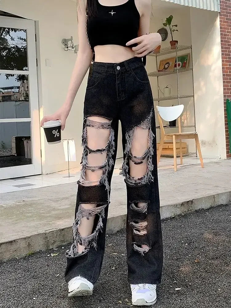 BXOXO New Broken Hole Jeans All-Match Distressed Women High Street Hip Hop High Waist Straight Loose Trousers Y2k Washed Mopping Pants