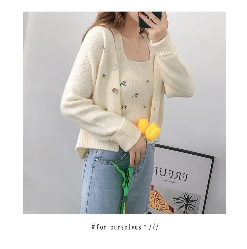 Bxoxo Two-piece Top Suit Flower Embroidered Knitted Korean Style Cardigan Autumn Fashion Sling Sweater Slim Sweet Jacket Sets