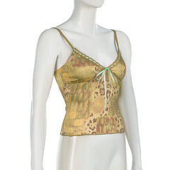 BXOXO Y2K Vintage Women's Sleeveless Cami Tops Spaghetti Strap Abstract Print Ribbon Tie-up Front Camisole Tank Tops Summer Clothes
