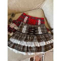 BXOXO Kawaii Ruffle Lace Plaid Skirts Women Sweet Elegant Mini Skirt Cutecore Autumn Winter Patchwork A-line Short Skirts