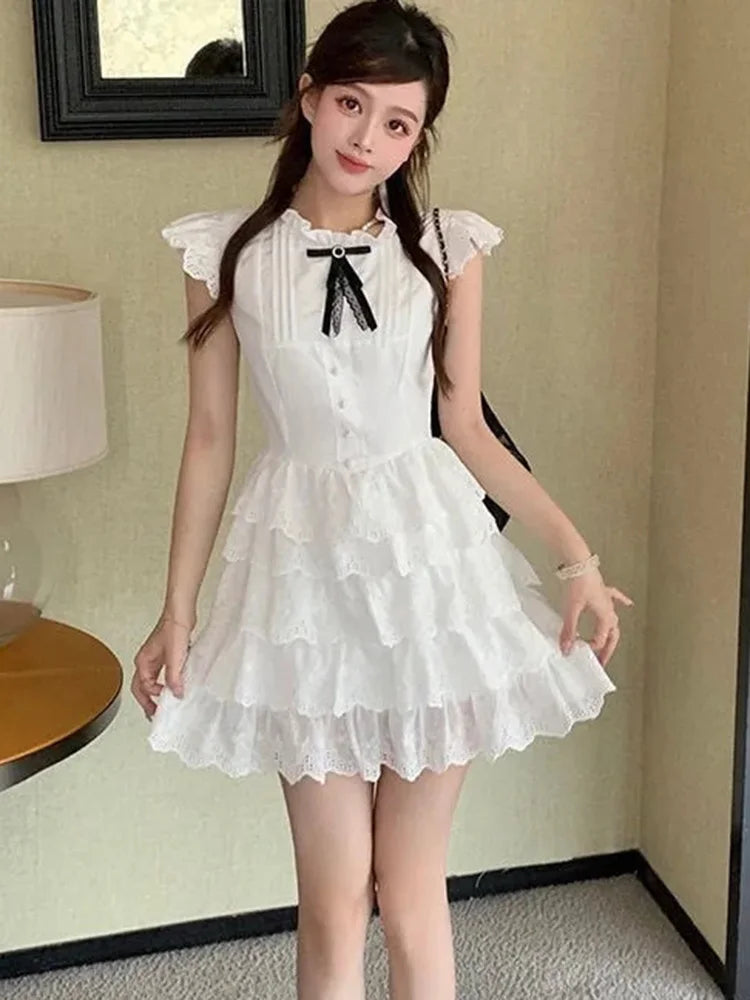 BXOXO Sweet Chic Bow White Dress Women Slim Fashion Flying Sleeve Cute Mini Dress Casual O Neck Female Elegant Lace A Line Dress