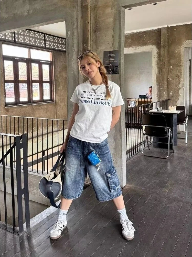 Bxoxo American Retro Blue Denim Calf Length Pants Women Harajuku Y2K Washed Loose Jeans Shorts High Waist Streetwear Wide Leg Shorts
